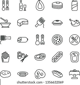 thin line vector icon set - plates and spoons vector, plastic fork, iron, sausage, stick of, cheese, pizza, Hot Dog, spaghetti, noodles, pie, plate, chicken, bacon, piece meat, fried potato slices