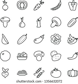 thin line vector icon set - onion vector, mushroom, porcini, lettuce in a plate, meat on skewers, cabbage, cucumber, tomato, peper, beet, garlic, squash, apple stub, half, red pepper, hot, potato