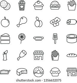 thin line vector icon set - sausage vector, cheese, loaf, canned goods, mini hot dog, burger, cake, muffin, piece of, slice, glazed with a hole, chicken leg, thigh, lollipop, French fries, popcorn