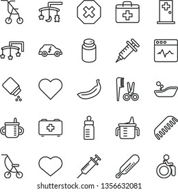 thin line vector icon set - heart symbol vector, mark of injury, first aid kit, toys over the cradle, cot, mug for feeding, measuring cup, bottle, powder, baby, summer stroller, sitting, comb