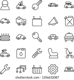 thin line vector icon set - truck lorry vector, horn, toys over the cot, Baby chair, summer stroller, motor vehicle, key, car, delivery, accumulator, battery, racer, canister, of oil, eco, electric
