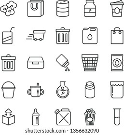 thin line vector icon set - wicker pot vector, bin, mug for feeding, measuring bottle, powder, baby, e, bucket, dust, drawer, bag with handles, unpacking, popcorn, cup of, coffe to go, jam, jar, oil