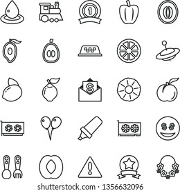 thin line vector icon set - warning vector, plastic fork spoons, children's train, yule, colored air balloons, ripe peach, quince, half of mango, melon, loquat, yellow lemon, juicy, slice pineapple