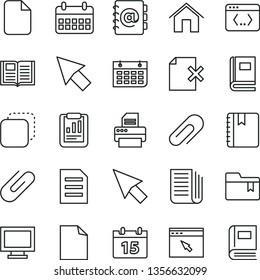 thin line vector icon set - monitor window vector, clip, clean sheet of paper, folder bookmark, home, calendar, book, notebook, address, delete page, copy, statistical report, wall, newspaper, file
