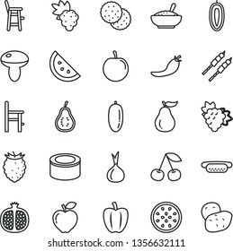 thin line vector icon set - a chair for feeding vector, child, canned goods, mini hot dog, mushroom, bowl of rice porridge, barbecue, orange slice, biscuit, cherry, half pomegranate, grape, branch