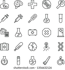 thin line vector icon set - mark of injury vector, spectacles, plus, electronic thermometer e, mercury, bag a paramedic, medical, arm saw, estimate, round flask, test tube, dna, brain, syringe, room