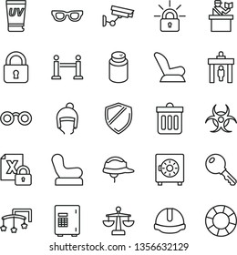 thin line vector icon set - scales vector, toys over the cot, powder, Baby chair, car child seat, winter hat, construction helmet, dust bin, lock, key, strongbox, encrypting, glasses, biohazard