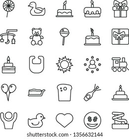 thin line vector icon set - heart symbol vector, toys over the cradle, bib, rubber duck, baby duckling, teddy bear, toy train, colored air balloons, cake, birthday, Easter, slice, torte, Chupa Chups