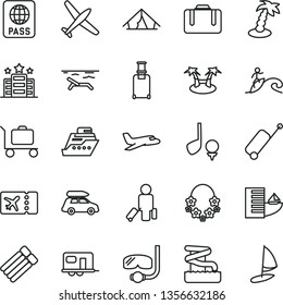 thin line vector icon set - passport vector, plane, car baggage, camper, passenger, suitcase, rolling, ticket, case, hotel, tent, beach, palm tree, hawaii wreath, aquapark, diving mask, surfing