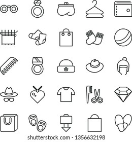 thin line vector icon set - paper bag vector, purse, hat, with glasses, bath ball, accessories for a hairstyle, comb, warm socks, Knitted, shoes little children, winter, handles, T shirt, hanger