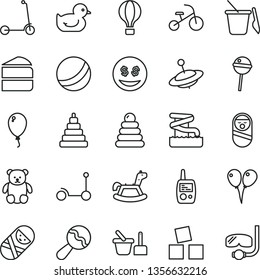 thin line vector icon set - beanbag vector, baby duckling, bath ball, stacking rings, toy, roly poly doll, tumbler, mobile phone, sand set, children's, small teddy bear, yule, rocking horse, balloon