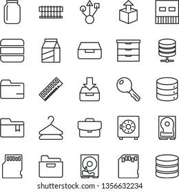 thin line vector icon set - folder vector, bookmark, storage unit, key, big data, server, suitcase, put in a box, drawer, strongbox, package, hanger, unpacking, jar, radiator fan, memory, hdd, usb