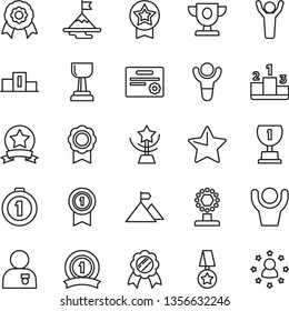 thin line vector icon set - star vector, pedestal, medal, winner, prize, award, cup, gold, man hands up, with, motivation, mountain flag, first place, pennant, ribbon, certificate, stars around