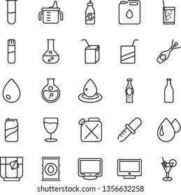 thin line vector icon set - measuring cup for feeding vector, e, packing of juice with a straw, drop, screen, glass soda, tea, can, bottle, liquor, round flask, oil, canister, monitor, test tube