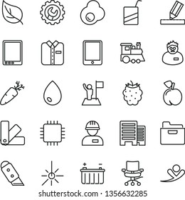thin line vector icon set - vector e, children's train, workman, color samples, buildings, drawing, gear, knife, drop, folder, folded shirt, carrot, fried egg, peach, blackberry, leaf, battery, cpu