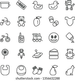 thin line vector icon set - baby powder vector, bib, Child T shirt, rubber duck, duckling, warm socks, toy mobile phone, children's potty, teddy bear, small, train, yule, bicycle, tricycle, shoes