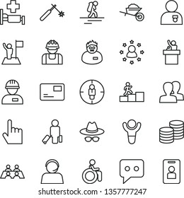 thin line vector icon set - women vector, hat with glasses, workman, garden trolley, index finger, pass card, coins, builder, welding, goal woman, operator, think, conversation, scientist, winner