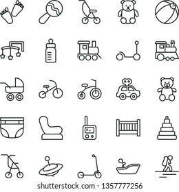 thin line vector icon set - baby cot vector, toys over the, feeding bottle, nappy, beanbag, chair, carriage, summer stroller, sitting, bath ball, children's bathroom, stacking toy, phone, teddy bear