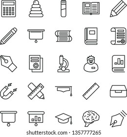 thin line vector icon set - graphite pencil vector, yardstick, calculator, stacking rings, books, writing accessories, book, drawer, square academic hat, magnet, on statistics, research article
