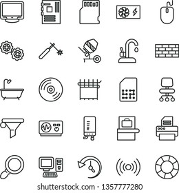 thin line vector icon set - brickwork vector, gears, concrete mixer, bath, kitchen faucet, electronic boiler, CD, cloth industry, welding, SIM, water filter, computer, mouse, pc power supply, chair