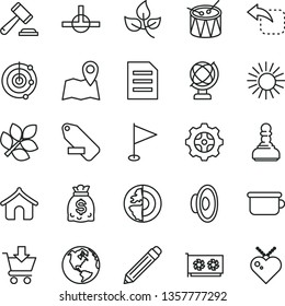 thin line vector icon set - graphite pencil vector, hammer of a judge, loudspeaker, remove label, pennant, children's potty, drum, globe, put in cart, move left, leaves, gear, dollars, gpu card, sun