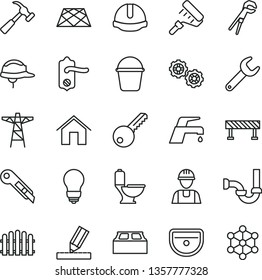 thin line vector icon set - builder vector, gears, adjustable wrench, bucket, paint roller, sink, toilet, sewerage, bulb, key, door knob, drawing, construction helmet, building block, hedge, home