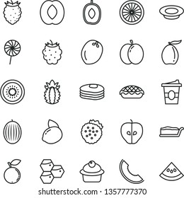 thin line vector icon set - muffin vector, cake slice, apple pie, a plate of milk, lollipop, coffe to go, strawberries, pancakes, honeycombs, tasty, blackberry, raspberry, blueberry, melon, loquat
