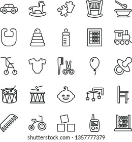 thin line vector icon set - cradle vector, toys over the cot, dummy, new abacus, feeding bottle, bib, t short, sitting stroller, accessories for a hairstyle, comb, stacking rings, motor vehicle