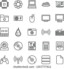 thin line vector icon set - monitor vector, keyboard, archive, upload folder, CD, onion, part of guava, calculator, notebook pc, fan, mouse, power supply, motherboard, cpu, card, web camera, usb