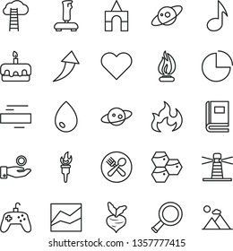 thin line vector icon set - minus vector, pie chart, line, box of bricks, heart, drop, torte, honeycombs, beet, lighthouse, catch a coin, note, joystick, zoom, book, flame, saturn, torch, arrow up