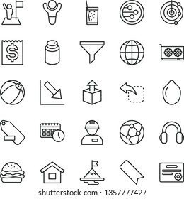 thin line vector icon set - bookmark vector, remove label, negative chart, powder, baby bath ball, dwelling, workman, earth, unpacking, move left, burger, a glass of soda, lime, filter, agenda