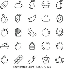 thin line vector icon set - Hot Dog vector, cake, a bowl of buckwheat porridge, lettuce in plate, cucumber, peper, carrot, fried potato slices, apple, orange, quince, red, medlar, blackberry, loquat