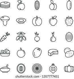 thin line vector icon set - cheese vector, mushroom, a bowl of rice porridge, lettuce in plate, milk, beet, apple, pancakes, peach, red, half medlar, blackberry, melon, goji berry, date fruit, sweet