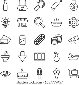 thin line vector icon set - downward direction vector, magnifier, children's bathroom, cogwheel, window frame, washbasin, eye, coins, Hot Dog, torte, porridge, beet, soda can, popsicle, cone, stall
