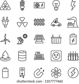 thin line vector icon set - matte light bulb vector, lightning, radiator, new, boiler, marine propeller, charge level, charging battery, big solar panel, windmill, factory, barrel, electric plug