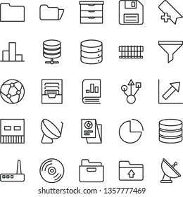 thin line vector icon set - floppy disk vector, add bookmark, pie chart, bar, growth, archive, upload folder, storage unit, CD, big data, server, satellite dish, filter, book on statistics, usb