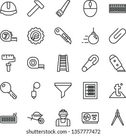 thin line vector icon set - paint roller vector, new abacus, safety pin, big core, garden trolley, arm saw, measuring tape, long meashuring, stepladder, construction helmet, plummet, star gear, key