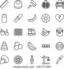 thin line vector icon set - yardstick vector, baby bib, stacking rings, toy sand set, train, concrete mixer, paint bucket, roller, broken heart, bundle of eggs, porcini, bottle soda, orange slice