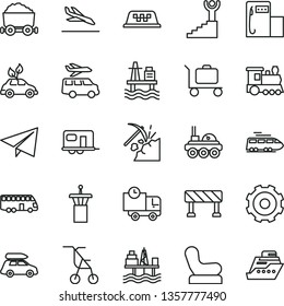 thin line vector icon set - truck lorry vector, paper airplane, Baby chair, sitting stroller, traffic signal, delivery, sea port, commercial seaport, coal mining, modern gas station, trolley with