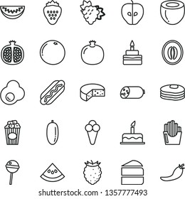 thin line vector icon set - cake vector, sausage, cheese, Hot Dog, piece of, birthday, Chupa Chups, fried potato slices, cup popcorn, cone, egg, strawberry, pancakes, pomegranate, half, branch grape