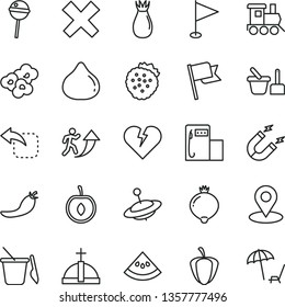 thin line vector icon set - cross vector, pennant, toy sand set, children's, baby train, yule, broken heart, flag, move left, Chupa Chups, popcorn, strawberries, rose hip, fig, medlar, half cherry
