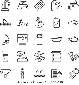 thin line vector icon set - measuring cup for feeding vector, bath, shower, heating coil, faucet mixer, kitchen, anchor, small fish, a glass of soda, tea, can, bottle, marine propeller, pipes, hotel