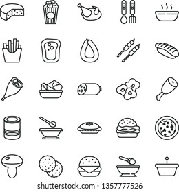thin line vector icon set - deep plate with a spoon vector, plates and spoons, iron fork, sausage, stick of, cheese, tin, pizza, big burger, mushroom, pie, hot porridge, lettuce in, chicken, thigh