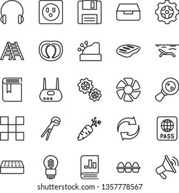 thin line vector icon set - renewal vector, book, adjustable wrench, ladder, tile, brick, headphones, passport, drawer, bundle of eggs, chop, half tomato, carrot, socket, gear, gears, on statistics