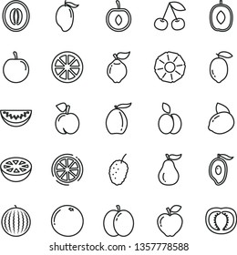 thin line vector icon set - apple vector, cherry, peach, quince, red, tasty mulberry, water melon, mango, half of, loquat, delicious plum, slice, lemon, yellow, juicy, pineapple, grapefruit, tomato