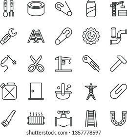 thin line vector icon set - scissors vector, safety pin, open, iron fork spoons, crane, tower, arm saw, stepladder, ladder, ntrance door, gear, stationery knife, hammer, clip, canned goods, soda can