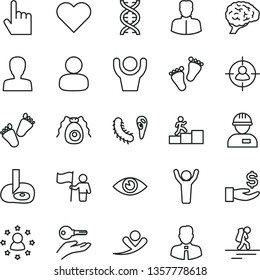 thin line vector icon set - woman vector, footprints, children's tracks, workman, employee, heart, index finger, eye, man, in sight, get a wage, dna, brain, bactery, artifical insimination, hands up
