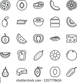 thin line vector icon set - piece of cheese vector, pizza, slices onion, cake, slice, bacon, cucumber, orange, sandwich, plum, melon, water, half mango, peach, cherry, kiwi, sour lime, lemon, tomato