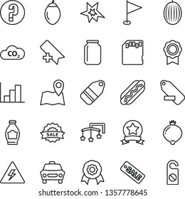thin line vector icon set - danger of electricity vector, add bookmark, remove label, pennant, negative histogram, question, toys over the cot, car, Hot Dog, bottle, medlar, melon, tamarillo, CO2