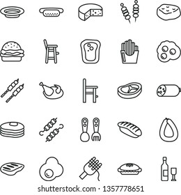 thin line vector icon set - a chair for feeding vector, child, plastic fork spoons, sausage, stick of, cheese, fried vegetables on sticks, mini hot dog, burger, spaghetti, pie, plate, chicken, bacon